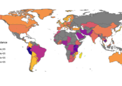 The world map shows the occurrence of resistance genes in different countries. The darker a colour used for a country, the higher the frequency of resistance genes in bacteria. Grey countries have not provided sewage samples. Courtesy of Technical University of Denmark
